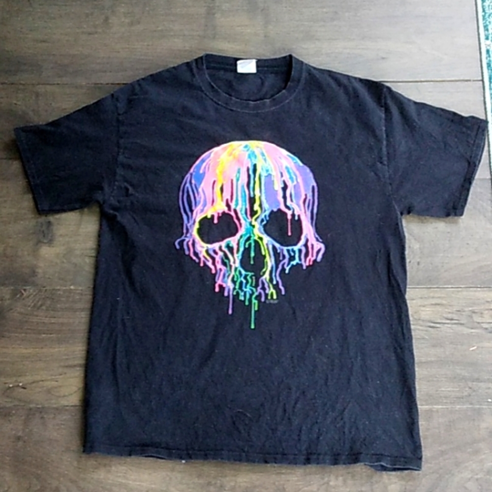 VTG Y2K NEON DRIP SKULL BLACK TEE MENS L